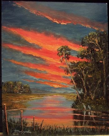 'Fire Sky at the Ranch' 16 by 20", Oil on Masonite board, Lots of palette knife work, also brush. Painted September 14 th, 2007(SOLD - Collector from Winfield, Illinois)