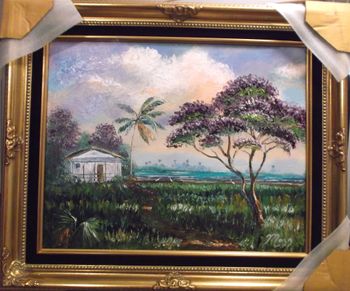 "Jacaranda Beach House" 16 by 20" Oil on board. 2/17/18. (Original is SOLD to collector from British Columbia, Canada) But you can Buy a Canvas Print Here!