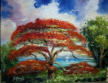 'Royal Poinciana Sail boat' 8 by 10"" Oil on Masonite Board. Lots of Palette knife. Painted Jan. 22nd, 2008 (SOLD - Collector from Olympia, Washington)