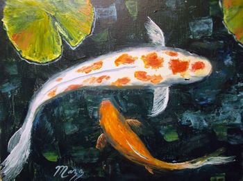 'KOI with LILY PADS' 11 by 17". Palette knife work on Acrylic Paint. Painted April 21st 2013. Original is Available or BUY KOI GIFTS HERE!