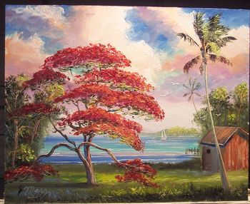 'Royal Poinciana View w/ Shack' 16 by 20" Oil on Masonite Board. Lots of Palette knife & brush. Oct 7th 2007(SOLD - Collector fromMerittIsland FL)
