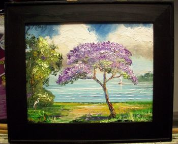 "Jacaranda and Sailboat" 8 by 10" Oil on Canvas Board. Jan 19th 2009 (Collector From Ft. Pierce, Florida)