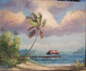 Boat Dock Bay. 16 by 20" Oil on Masonite Board. Lots of palette knife & brush. Painted Jan. 24th, 2007 (SOLD - Collector in Bellevue, Neb.)