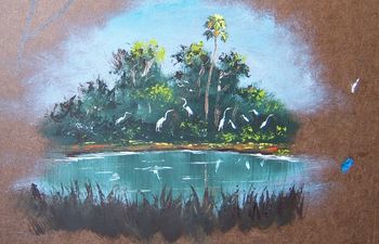 Backside of "Egrets on the River" 16 by 16" Oil on Masonite Board. Palette Knife & brush. Painted Aug. 20th 2008
