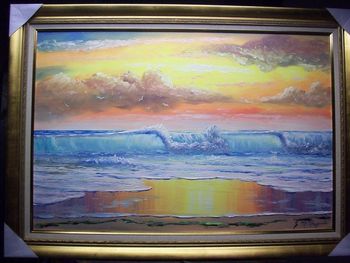 "Tropical Sunny Seascape" 24 by 36" Oil on Masonite Board. Lots of Palette Knife& some brush( Museum Quality, Wide Frame, Rich Gold Color w/ Gold Leaf. Liner is Beige).Dec 17th, 2008 (SOLD - Collector from Wailuku, Hawaii)