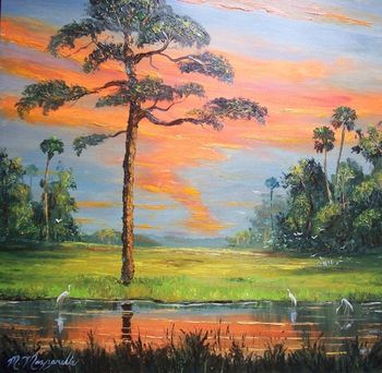 "Fire Sky Slash Pine" August 26th 2009. 24 by 24", Oil on Masonite board. (Collector from Branford, Florida)