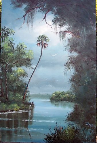 Tall Misty River. 16 by 24" Oil on Masonite Board. Lots of palette knife with some brush. Painted January 2nd, 2007 (SOLD - Collector in Tallahassee, FL)