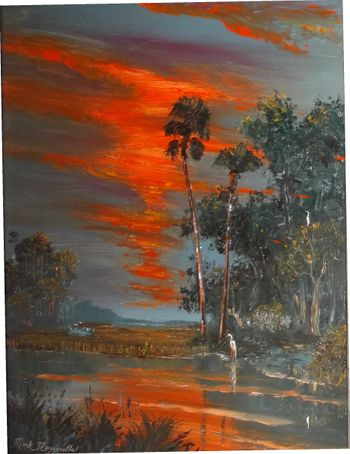 ' HOT AUGUST FIRE SKY ' 16 by 20" Oil painting on Board. Palette knife & Brush. Painted Nov 24th 2013 (SOLD - Collector from Land O Lakes, Florida)