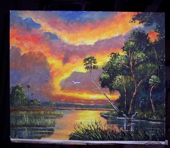 'Sunsetting Fire Sky' 20 by 24" Oil on board. Lots of Palette knife work. Painted 6th of July, 2007) (SOLD - Collector from Delray Beach, FL) But You can Buy a Framed or Unframed Print Here!