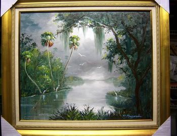 'Misty Florida Moss' 20 by 24" Oil on masonite board. Palette knife and brush. Painted Dec. 9th, 2009 (Collector from Titusville, Florida)