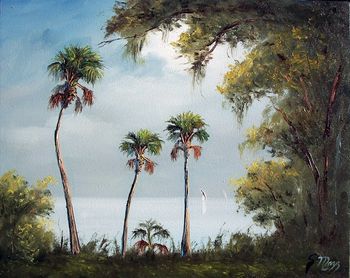 Foggy Lake on Canvas. 16 by 20" Oil on Stretched canvas. Lots of palette knife & brush. Painted Nov.19, 2006 (SOLD - Collector in Bellevue, NE)