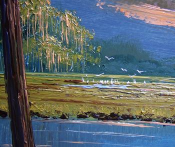 Distant Birds / Palette knife work in "Firesky Sunset" Sept. 6th, 2008 (Owned by a Collector from Port St. Lucie, FL)