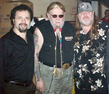 (Let to Right). Florida Landscape Artist Mark 'Mazz' Mazzarella, Country Singer David Allan Coe, Southern Rock Lead Guitarist Dave Hlubek of Molly Hatchet band