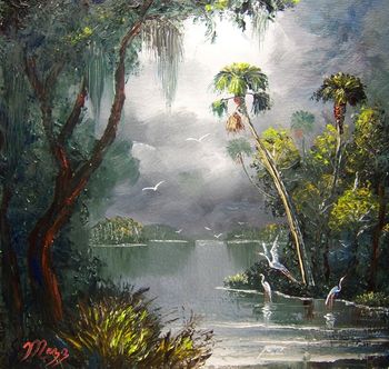 'Old Florida River' 16 by 16" Oil on masonite board. Palette knife & brush. Painted Nov. 8th, 2009 (SOLD - Collector from West Point, Mississippi)