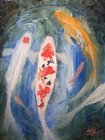 Tancho Kohaku and Sanke Koi 11by14" Nov 2nd 2009.Original is Available or you can BUY Quality Framed KOI PRINTS HERE!