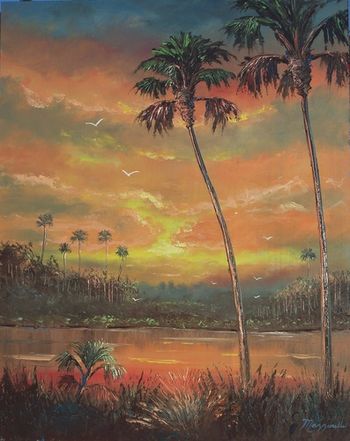 "Sunset over the River" 16 by 24" Oil on Board (lots of palette knife) Painted Feb 6th 2007 (SOLD - Collector in Tallahassee, FL)