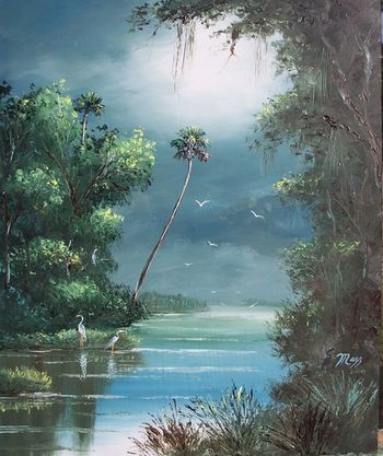 "Misty River" 16 by 20" Oil on Board. (lots of palette knife) w/brush. Painted Feb 11th 2007 (SOLD - Collector in Vero Beach, FL)