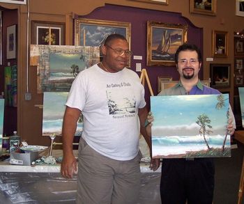 Sam Newton teaching Mazz. "I learned advanced palette knife techiques from Sam Newton which complement my style nicely. I'm honored to paint with Mr. Sam Newton"