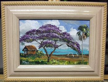 'Tropical Jacaranda' Thick knife painting. Oil on board. 8 x 12" (SOLD - this Original is Owned by a Collector from Swansea, MA) But you can..... Buy a Quality Framed Print Here!