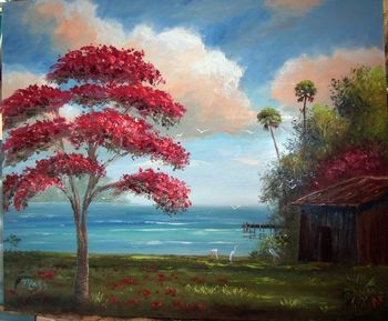 "Poinciana Dream" 20 by 24" Oil on Board. (lots of palette knife) Painted Jan 30th. 2007 (SOLD - Collector in Port St. Lucie, FL)