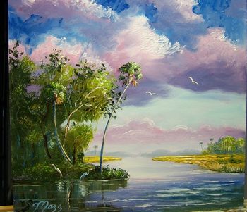 "Egrets on the River" 16 by 16" Oil on Masonite Board. Palette Knife & brush. Painted Aug. 20th 2008