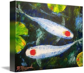 "Tancho Kohaku Koi Fish" 11 by 14". 100% Palette knife.The Tancho gets its name from the national bird of Japan, the Tancho Crane. Tancho means “red spot on the head,” and is very desirable in Japan because of its similarity to the Japanese flag. Oil by Mazz. Painted Nov 7th 2009. (Original is SOLD to a Collector from London, England) but you can ; BUY QUALITY FRAMED KOI PRINTS HERE!