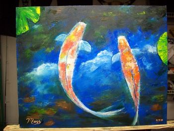 'Koi Fish Cloud Reflections" 16 by 20" Oil on stretched canvas. Palette knife and brush. Painted April 4th, 2010.Original is Available or ; BUY KOI PRINTS HERE!