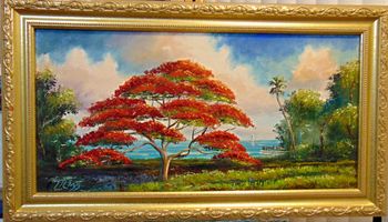 'Royal Poinciana Panoramic' 12 by 24" Oil on masonite board. Lots of Palette knife & brush. Painted July 2nd 2007 (Original is in a Private Collection) Buy a Framed or Unframed Print Here!