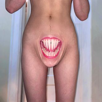 Torso, legs, body of Medusa, non-binary musician; pop artist; rapper; hip-hop artist; between their hips is a digitally enhanced mouth snarling with sharp teeth.