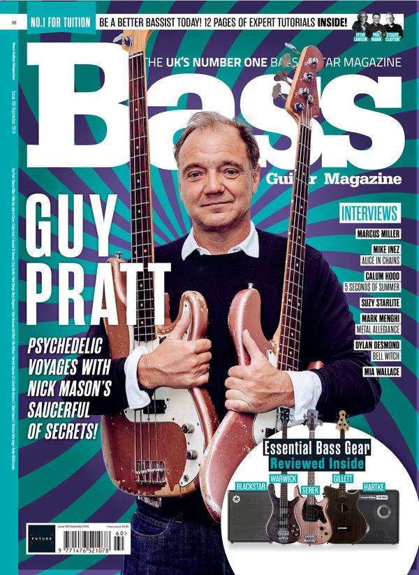 Front cover Bass Guitar Magazine featuring bassist Guy Pratt and Suzy Starlite namecheck