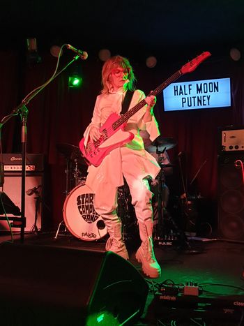 Suzy Starlite playing Mike Lull custom Starlite T4, Half Moon, Putney, London. Eyewear Kirk & Kirk, Styled by Jez Levy. Clothes by Veselin