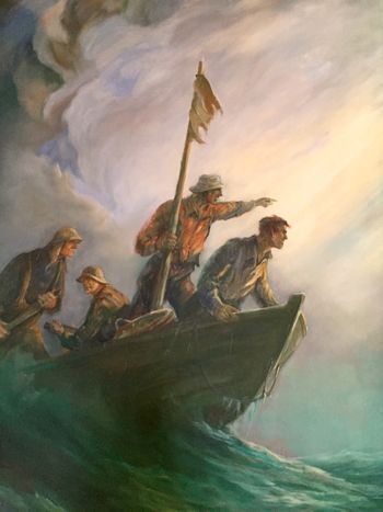 To the left of the altar, we see the fishermen in the midst of the storm, representing the trials of life.