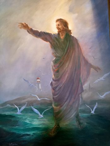 To the right of the altar, we see Jesus, standing on calm waters, and flooded with light, offering security and peace.