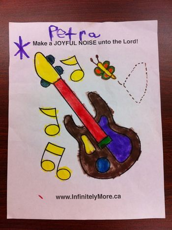 We give out these colouring sheets at our product table. Six-year-old Petra coloured this and gave it back as her gift to us. This is going on our fridge when we get back home!