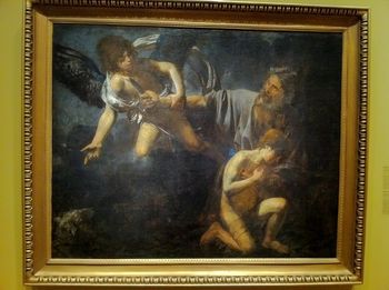 Abraham Sacrificing Isaac, by Valentin, 1630. This large canvas is stunning with its deep colours and emotional content.