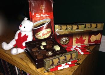 We're celebrating Canada Day in the studio, so we brought treats for the band! Tim Horton's coffee, Laura Secord Miniatures, maple sugar candies, maple cookies, and flag pens for everyone! Happy Canada Day!!