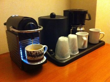 Our Nespresso maker in our hotel room! Doesn't it look like it belongs there? All hotel rooms should have one!