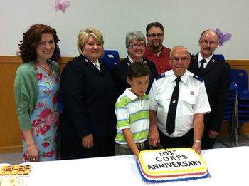 We sang for their 101st anniversary! Cutting the cake after the evening service with Captains Doreen & Duane & guest speaker Major Violet.