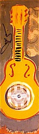 'Jammin' Guitar #1' Acrylic, paper & Smuckers Jam cover on wood / 4"x12" Artist: Joni Bishop Price: $25. / includes US shipping Buy/Store