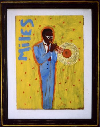 "Miles" / Miles Davis Acrylic on board, mounted on wood, framed in wood / H34"XW27" / Price: $950. Buy/Store