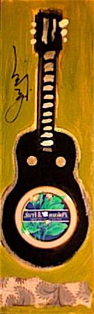 'Jammin' Guitar #2' Acrylic, paper & Polaner Fruit Preserves cover on wood / 4"x12" Artist: Joni Bishop Price: $25. / includes US shpping Buy/Store