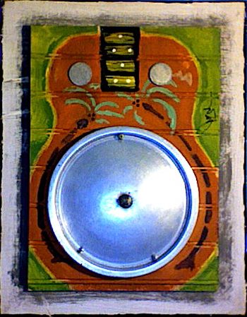 'Hawaiian Guitar ' Acrylic & metal pan cover on wood / 16"x20" Artist: Joni Bishop Price: $110. / Price includes shipping within the US Buy/Store