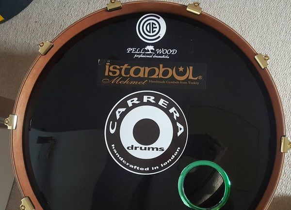 2015 60s Gold tour.
Once again all Searchers logos had to be removed.
A new Code drum head with Carrera, Istanbul Mehmet, Pellwood and Code stickers attached.
By now I was using the 24" custom bass drum, with the 12" and 16" cherry toms.