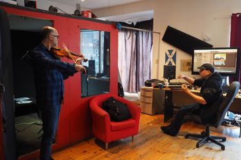 Violinist Jeff Deeprose with Martin Bennett working out melodies for A Crystal Rim, at Studio Loco. Photo: bc
