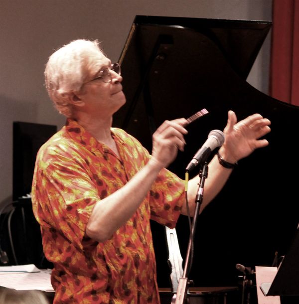Boukas conducting the Viva Hermeto! concert presented by New School Brazilian Jazz Ensemble.