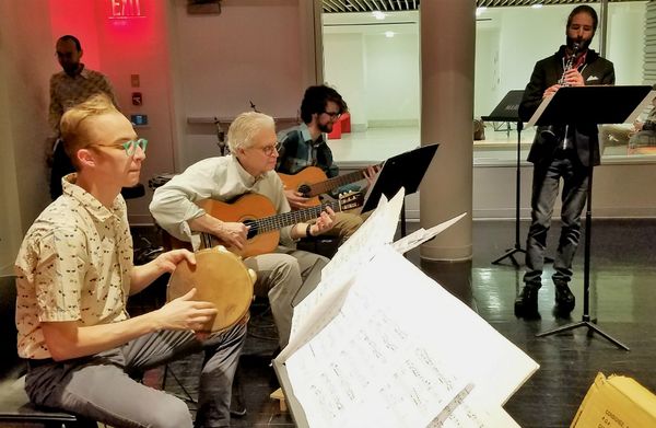 R to L: Louis Arques, Kieran MacAuliffe, Boukas and Connor Parks perform Boukas choro "Sempre Jacob". Click photo for Diálogos Duo version.