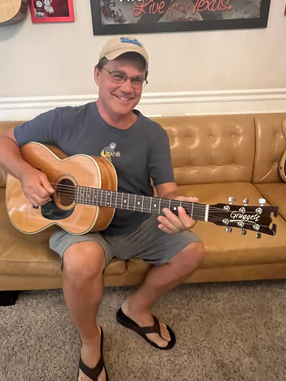 Ernie playing a Bill Gruggett acoustic guitar, photo by Tony Brown (also the owner of the guitar), Bakersfield, CA