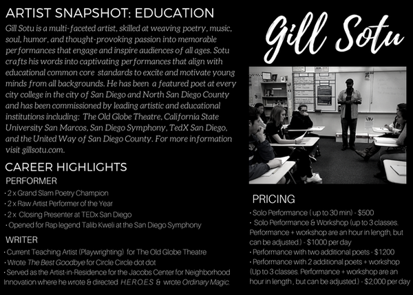 Gill Sotu has been a featured poet at every college in the city of San Diego and North San Diego County. Learn more about his work to engage students of all ages in this Artist Snapshot.