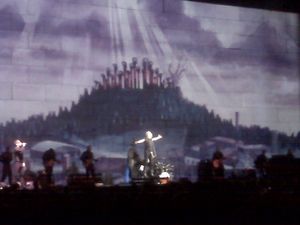 Shot from The Wall concert in Toronto Sept 18, 2010 - hammers on hill projections with band in front of the wall