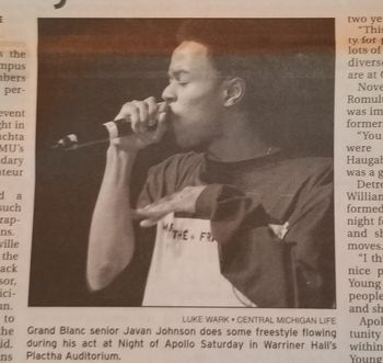 Posted on 6/24/21: During my earlier days of rapping I had an afro. This is a picture from my senior year of college. The newspaper caption says "freestyle" but I was actually doing a pre-written song.